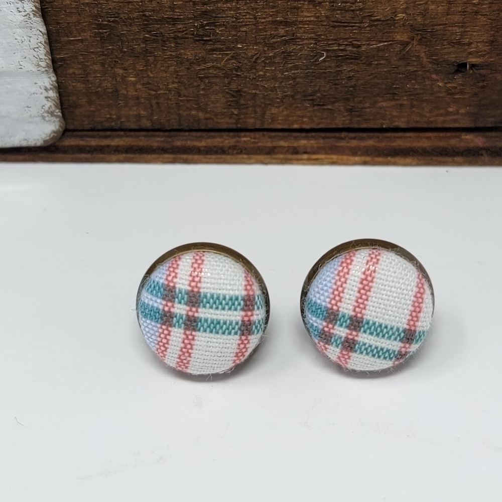 New Handmade | Upcycled Plaid Button Stud Earrings